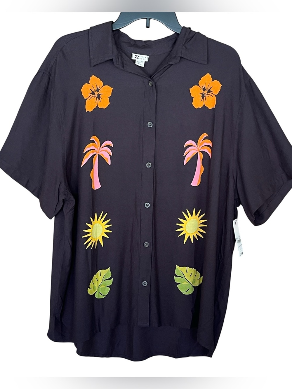 Billabong On Vacation Tropical Print Shirt NWT Medium Black Viscose Button Down